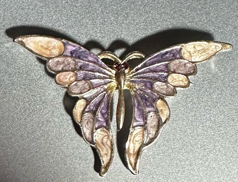 Rare VTG AAi BROOCH PIN Purple & Cream Enamel Silver Butterfly